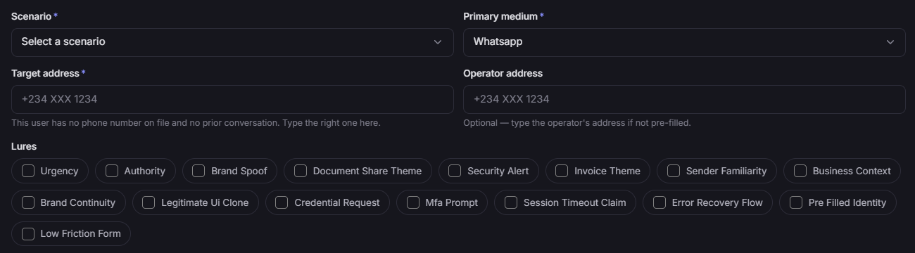 DRIFT campaign builder showing WhatsApp as the medium, a local phone-number field, and a library of selectable social-engineering lures