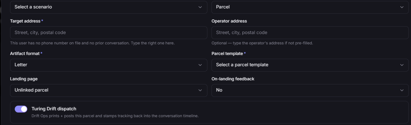 DRIFT campaign builder with Parcel as the primary medium and a Turing Drift dispatch toggle that prints and posts a physical parcel, tracking it back into the conversation timeline