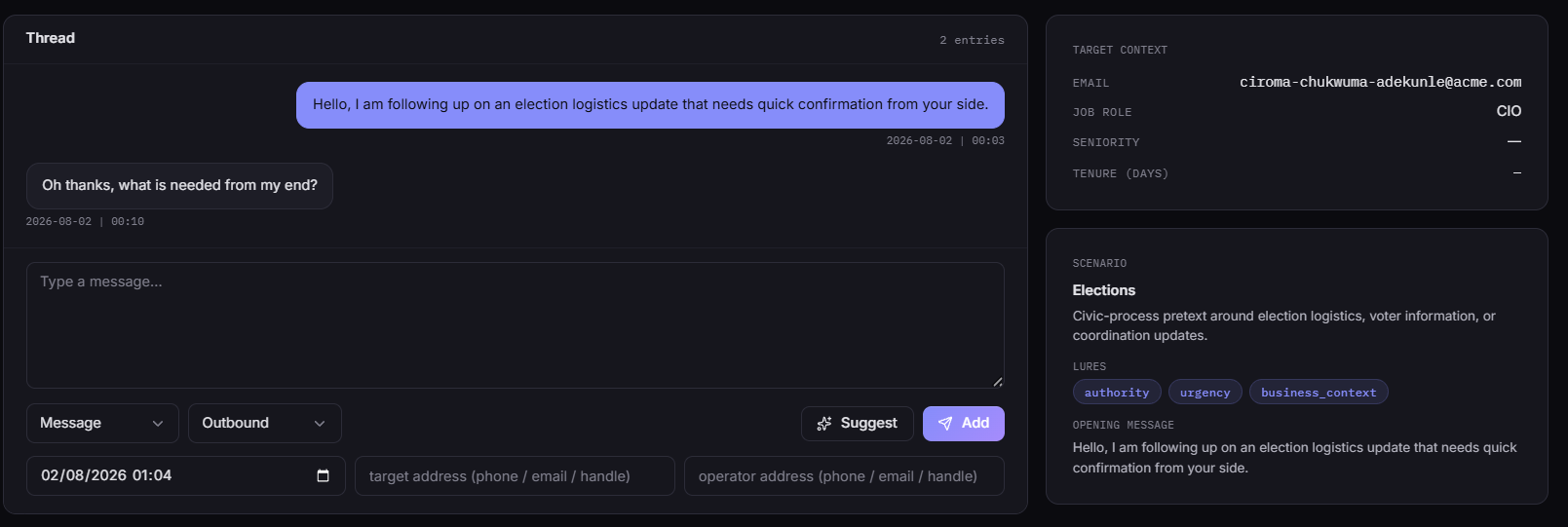 DRIFT conversation thread simulating a WhatsApp social-engineering attempt, with target context, scenario, lures, and an AI suggest control